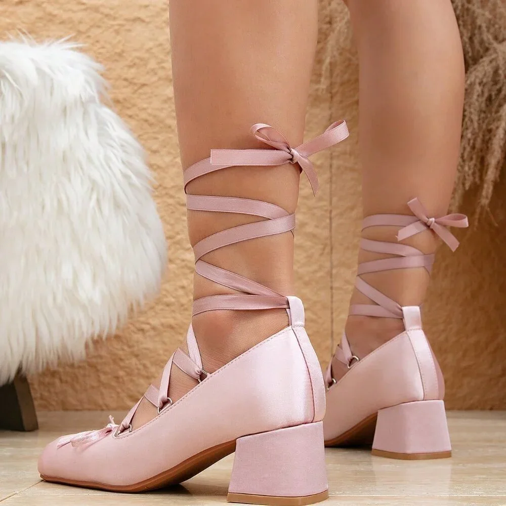 Pink Sexy Women's Mid-Heel Satin Lace-Up Ballerina Shoes